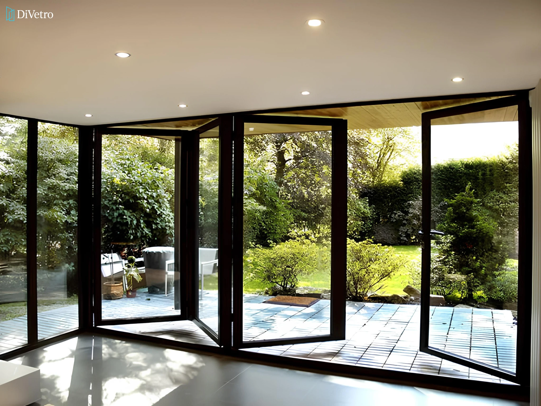 Custom aluminum bi-fold door with 6 panels installed at a modern private residence