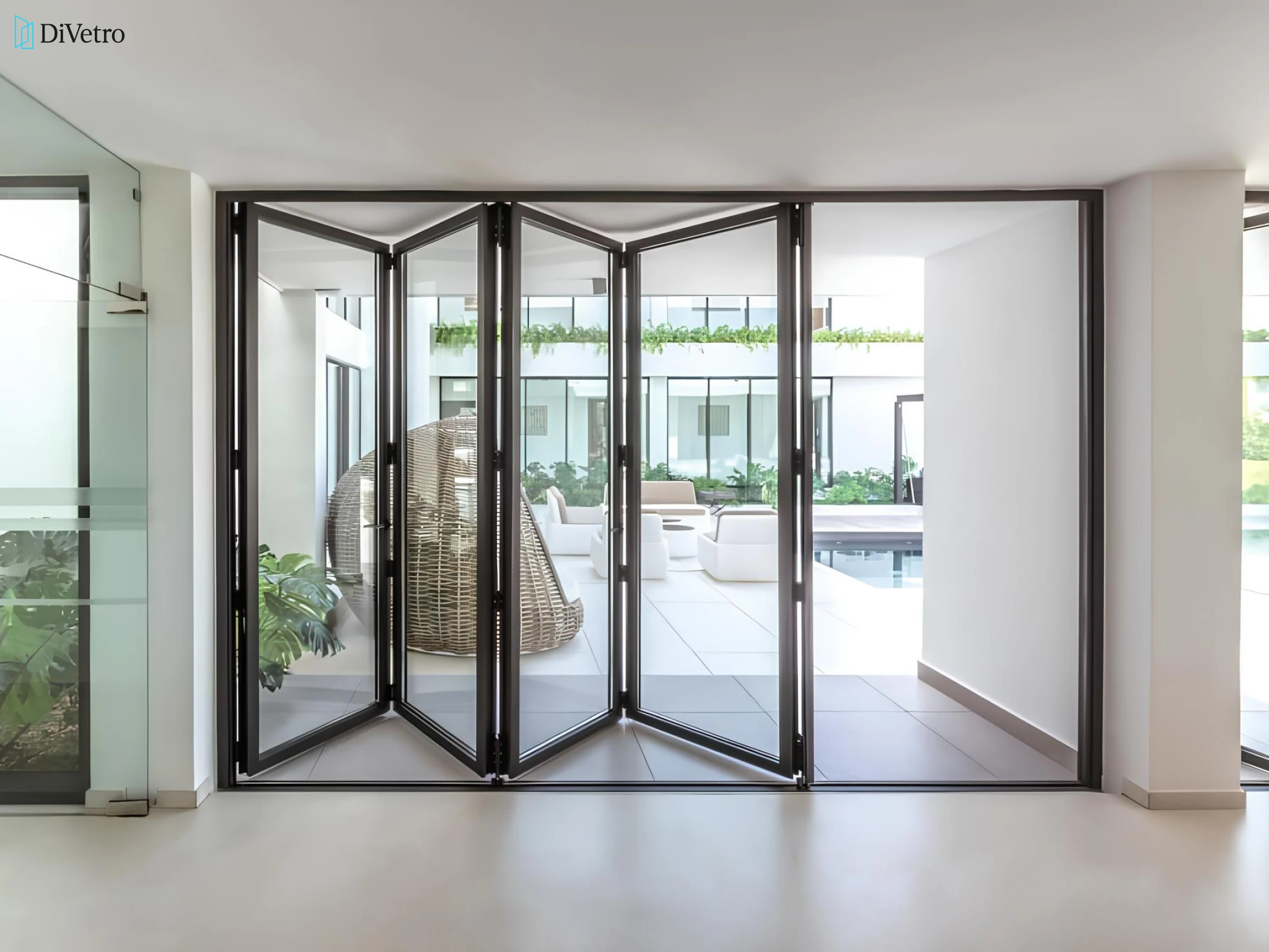 Bi-fold patio door fully open to backyard terrace on a luxury contemporary home — real project DiVetro