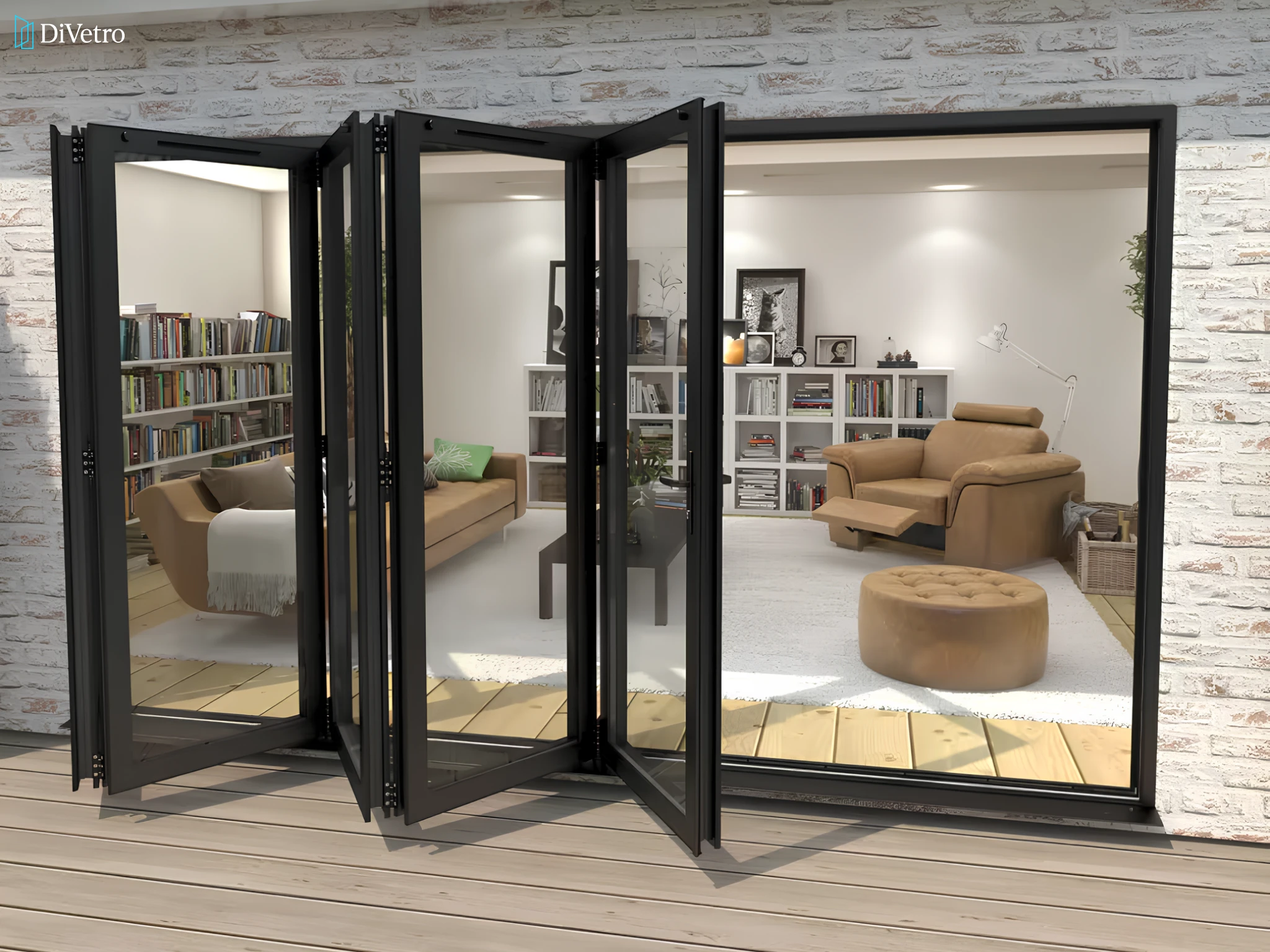 Bi-fold door with low-threshold sill for seamless transition to outdoor terrace — real project