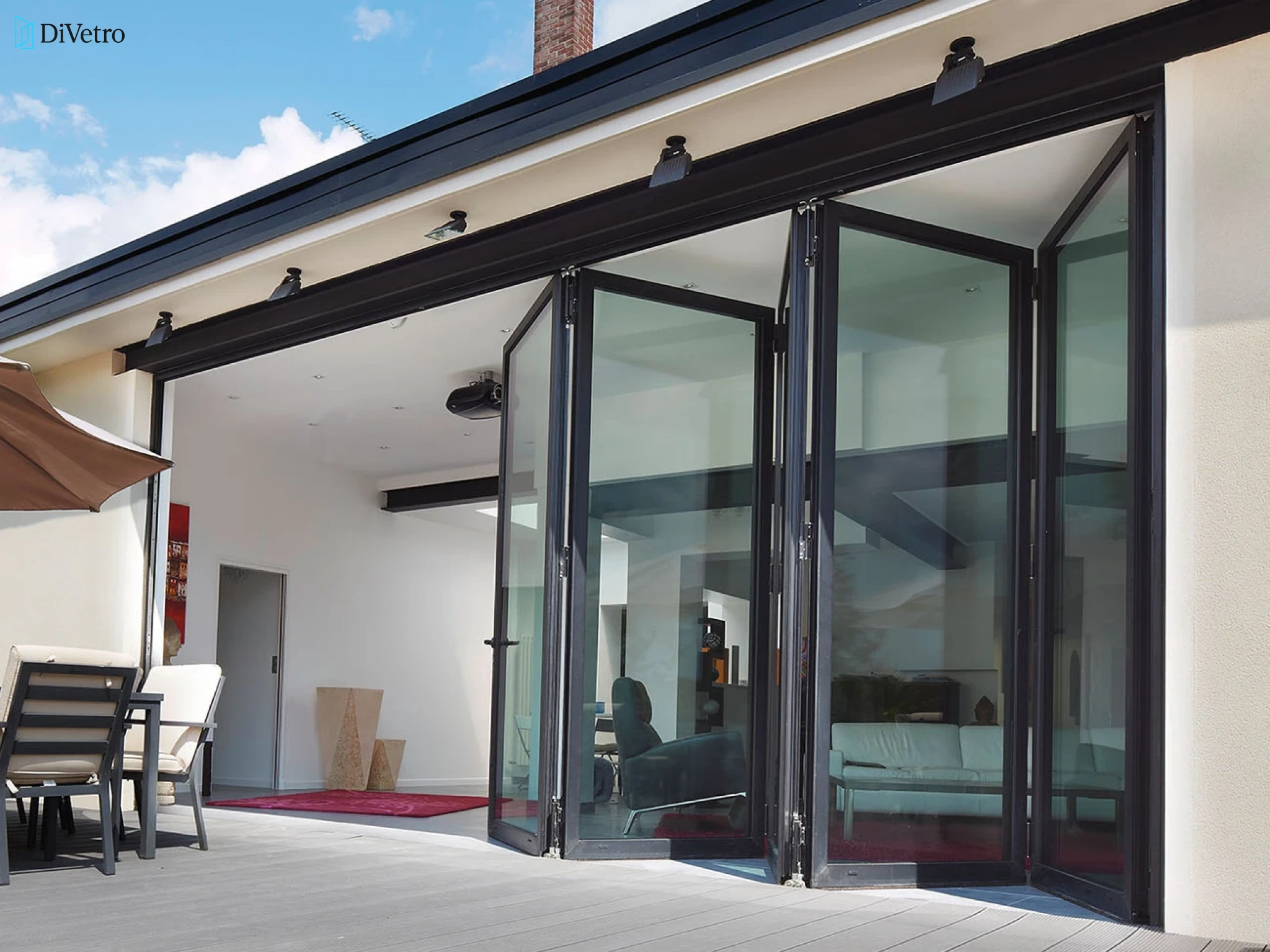 Bi-fold patio door with wood-look decor finish on a suburban residence — real project