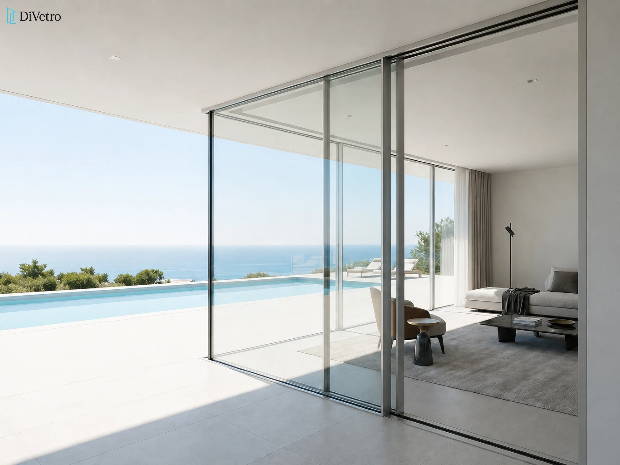 CorVision minimal aluminum door with panoramic glass on a modern private home