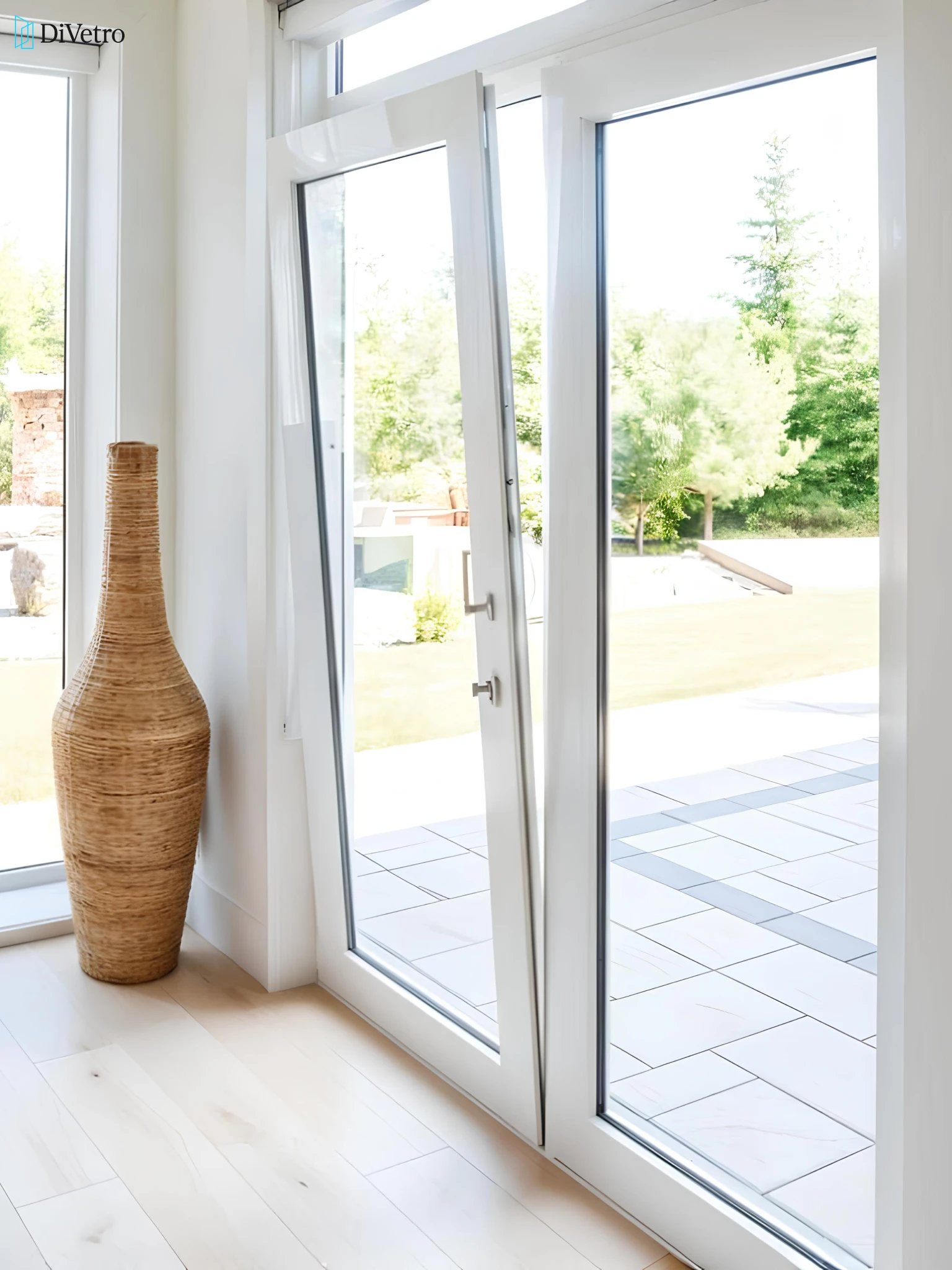 French patio door with white aluminum frame on a suburban home — real installation