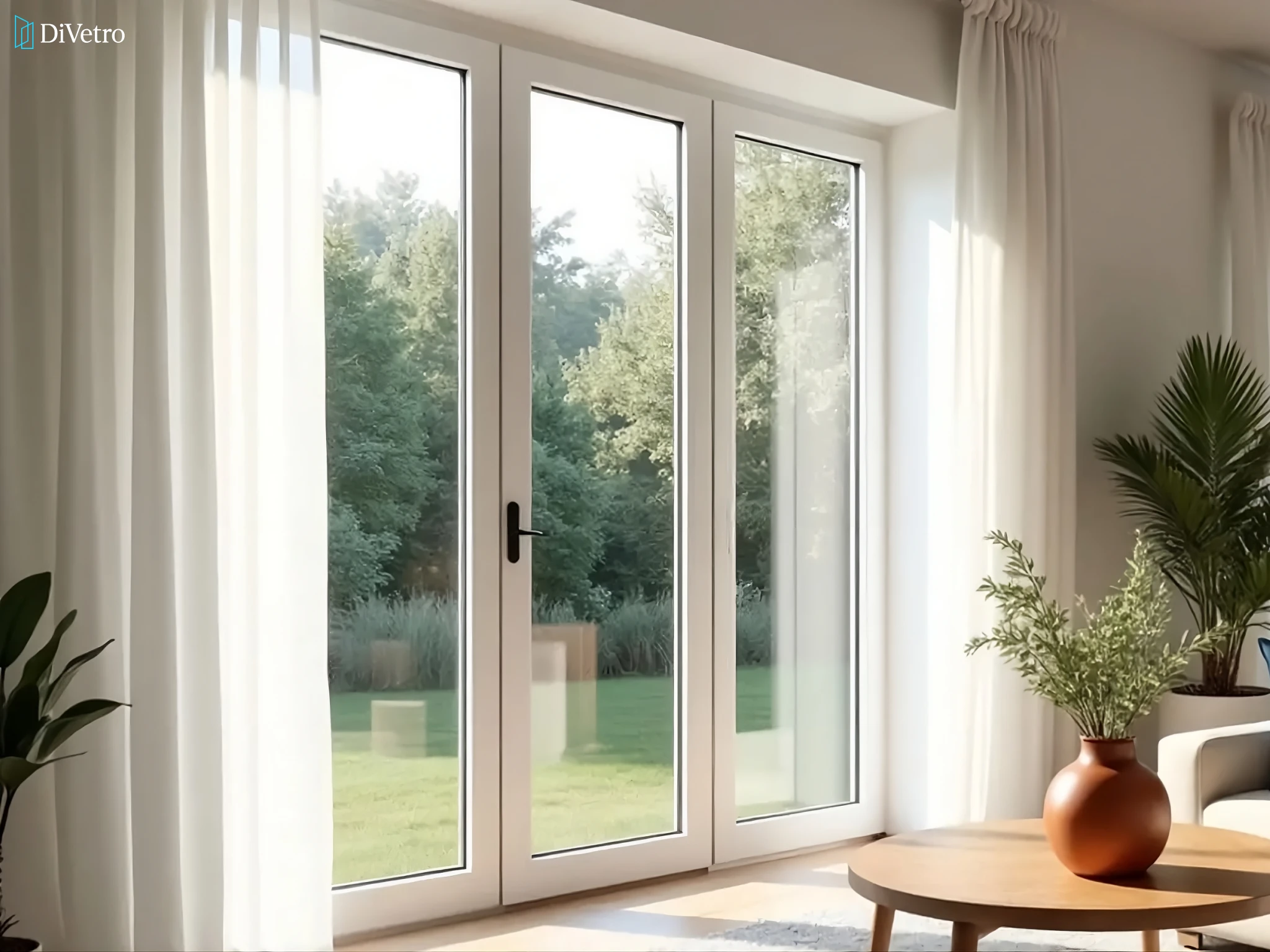 Custom double door with decorative glass insert installed at a modern residence — DiVetro