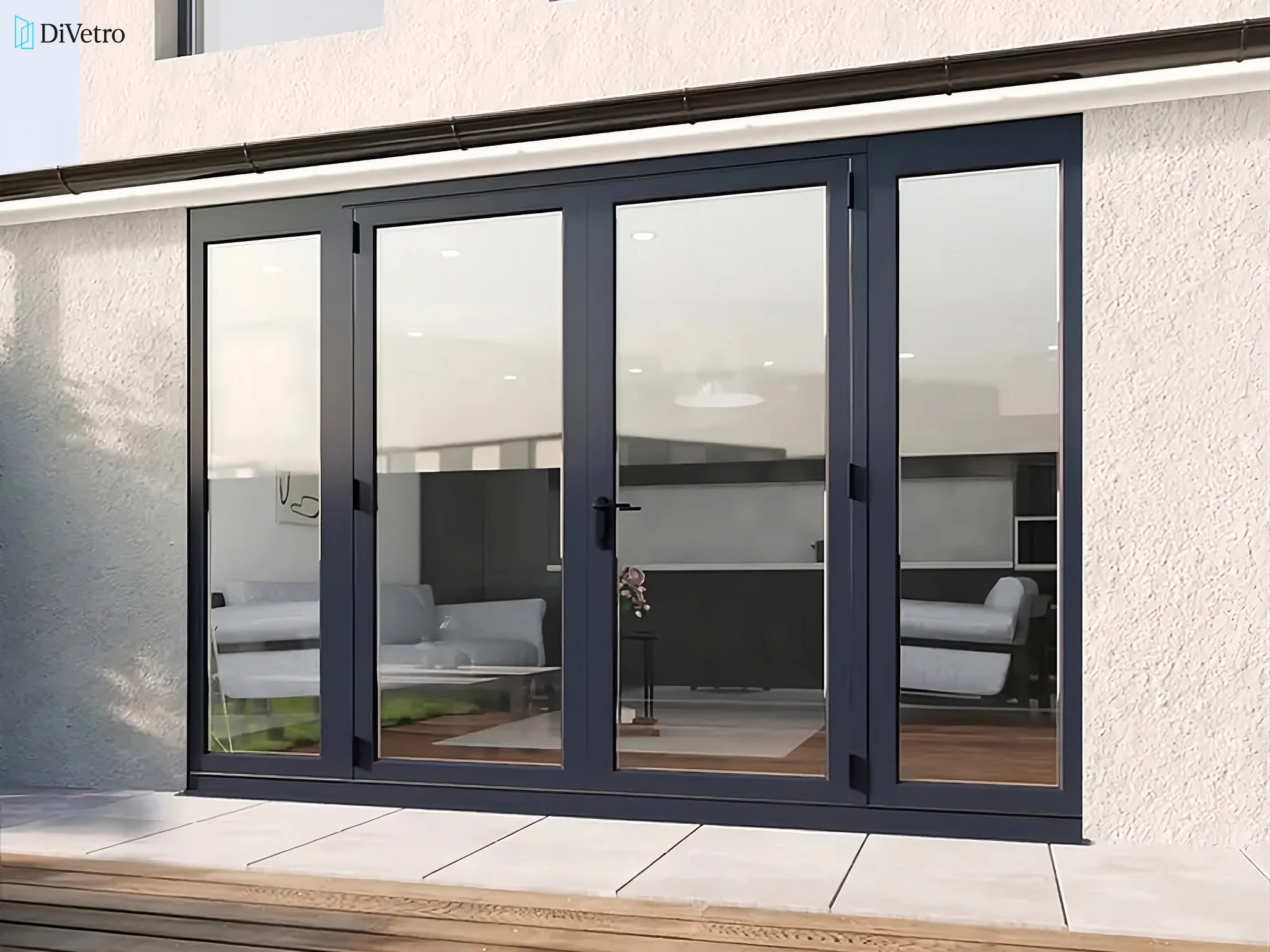 Aluminum French door with wood-look decor finish installed at a family home — DiVetro