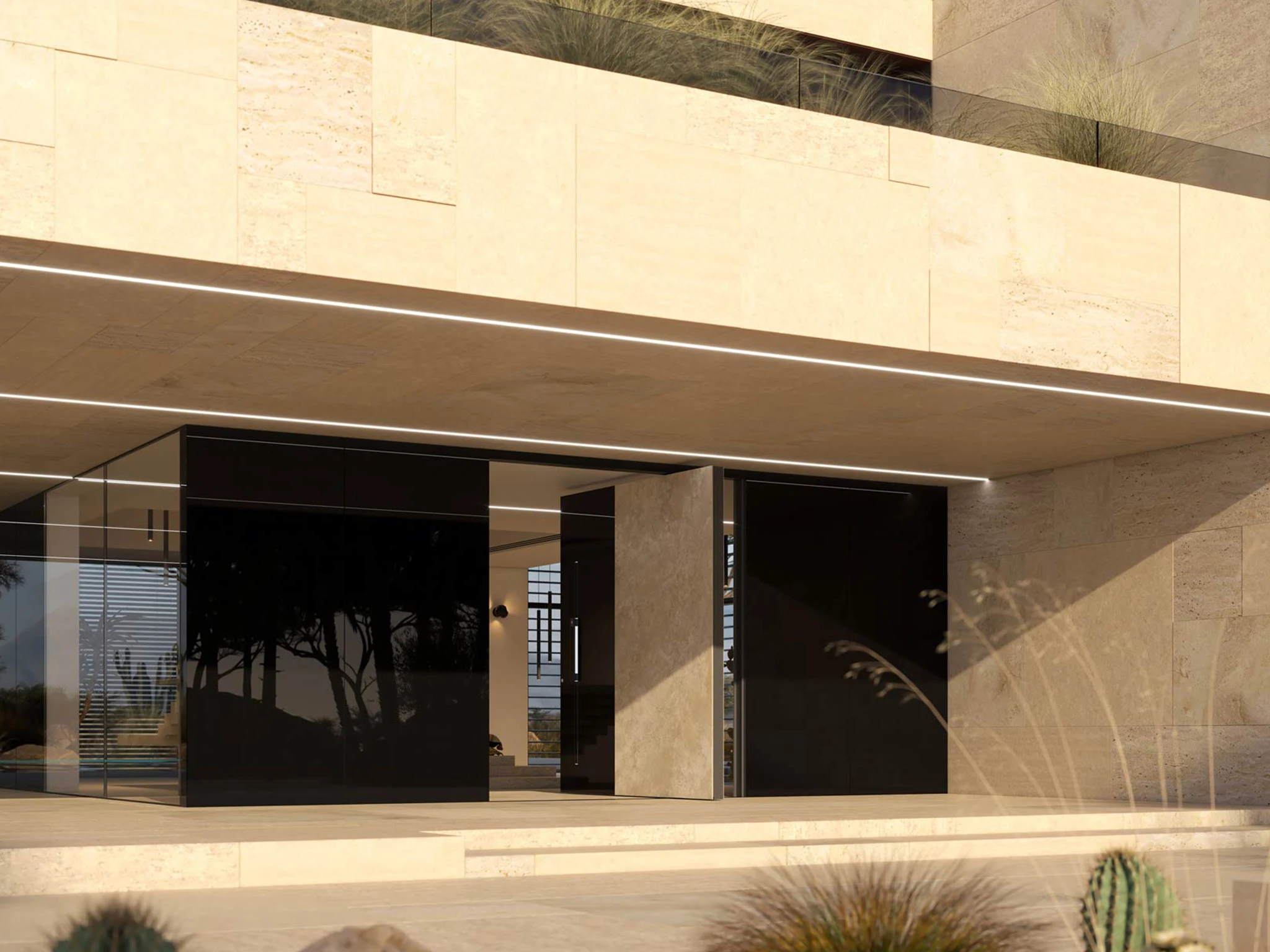 Aluminum entry door with double sidelight panels installed at a private residence