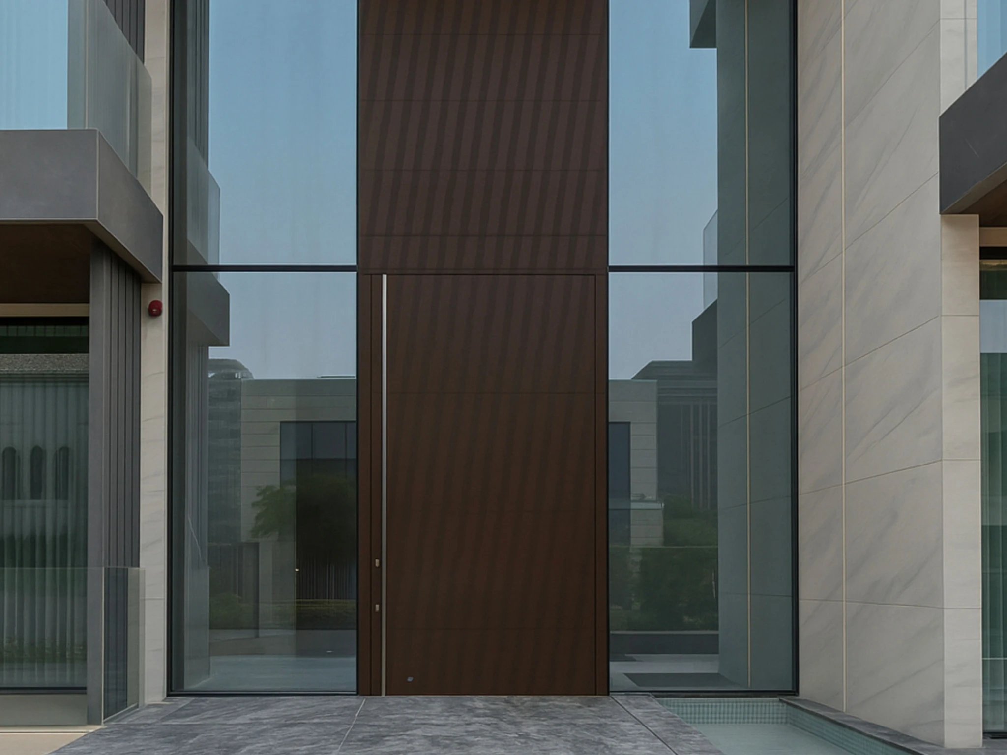 Aluminum front door with oak-look decor finish on a residential property