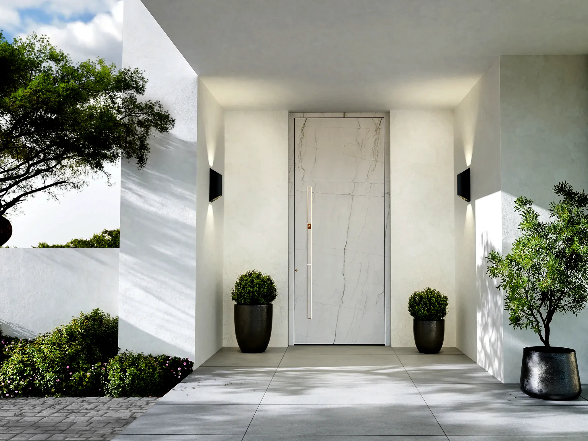 Pirnar entry door with dark gray finish and illuminated LUX handle — real project
