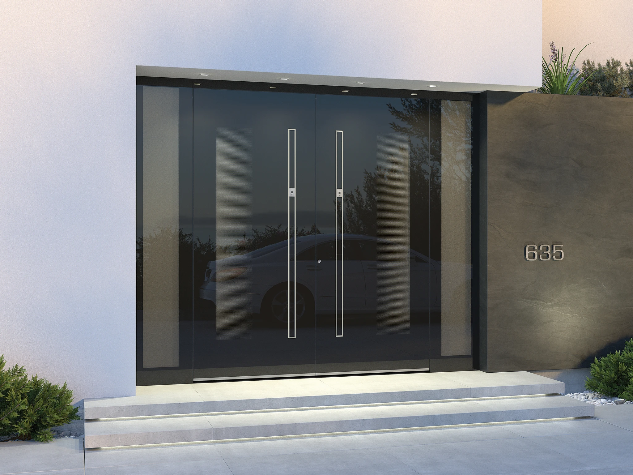 Pirnar front door with white fine-textured finish and smart access system