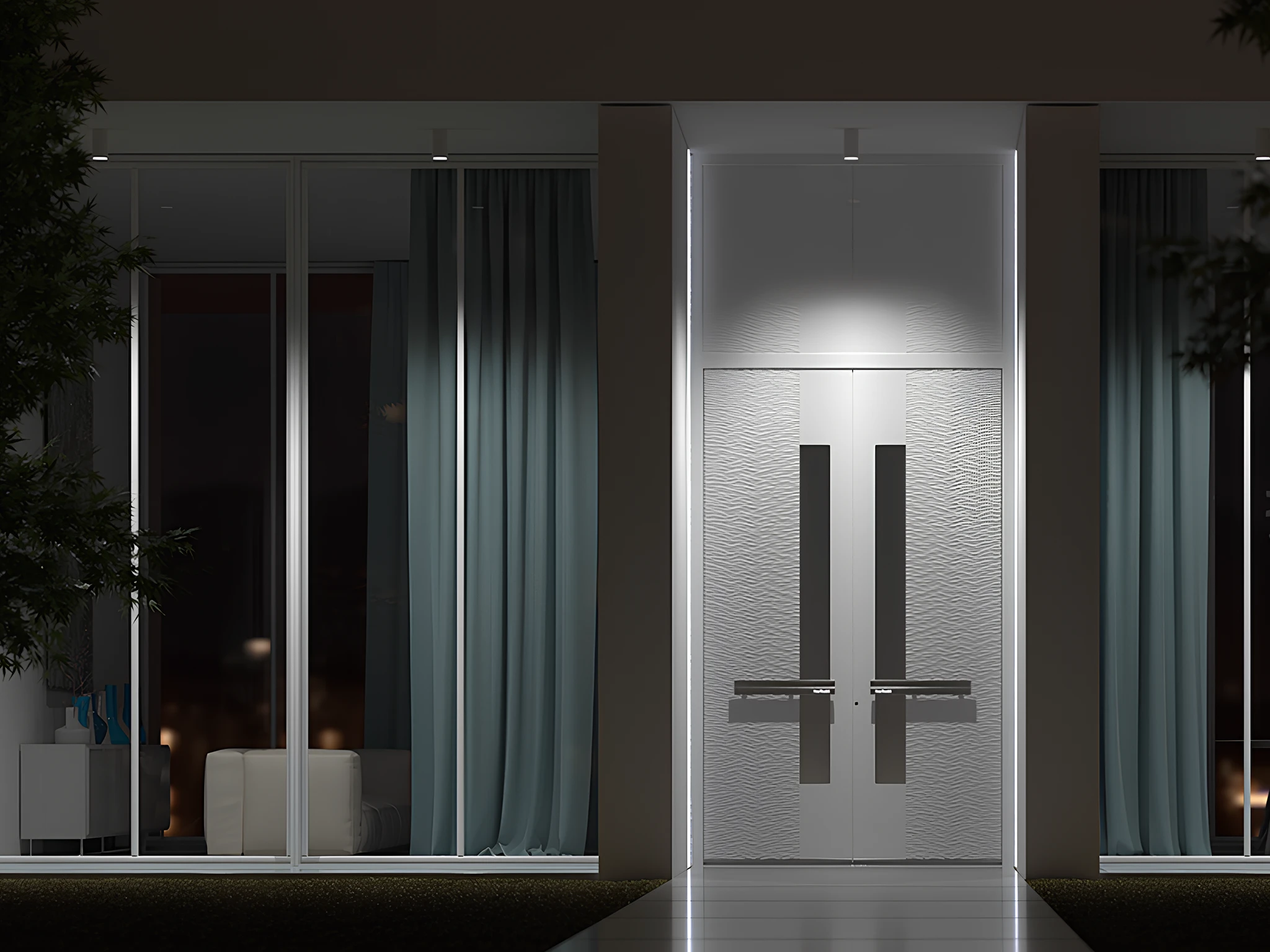 Aluminum front door with glass and warm wood-look decor — real project DiVetro