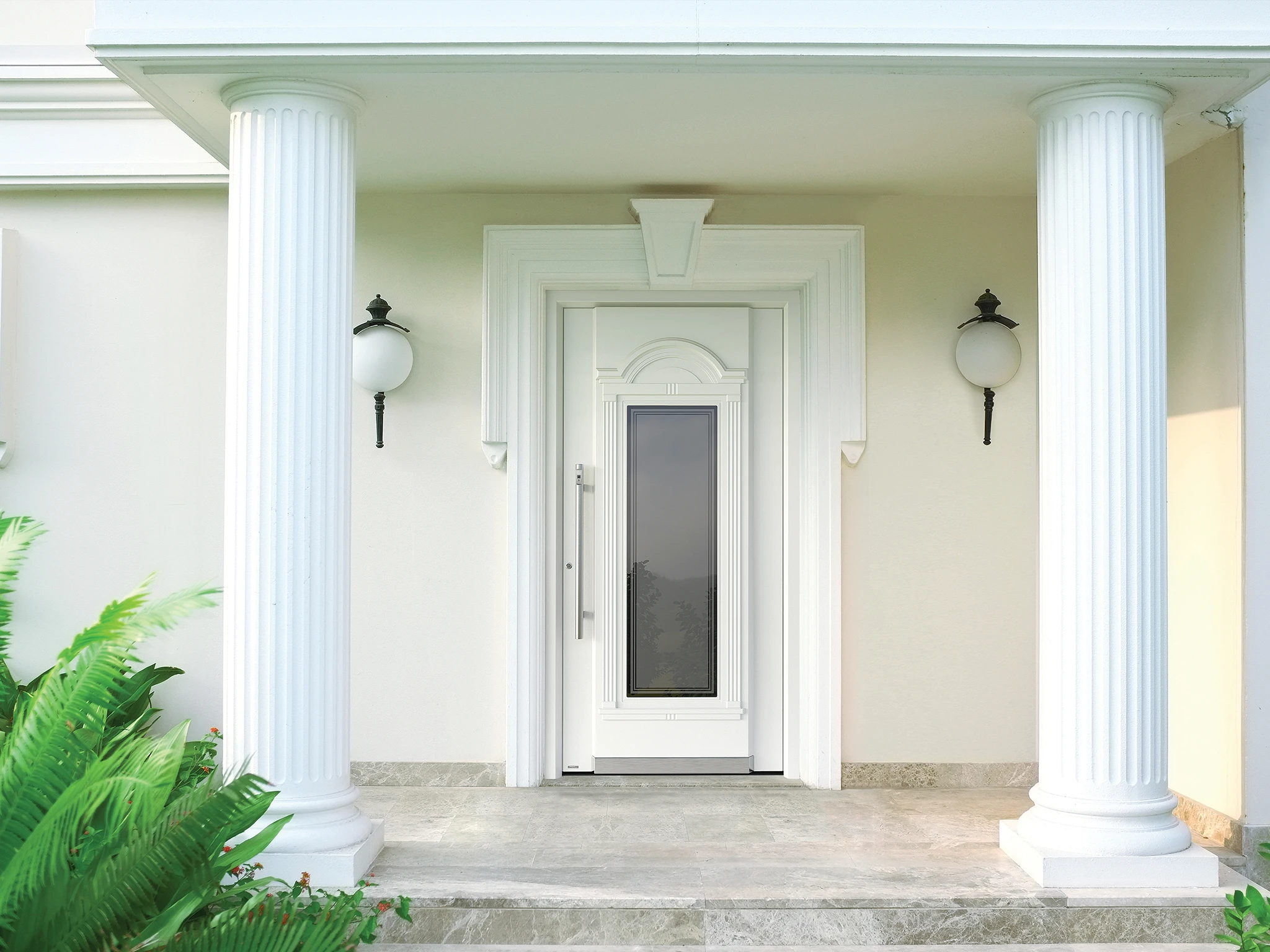 High-security aluminum front door with fingerprint access installed at a luxury home