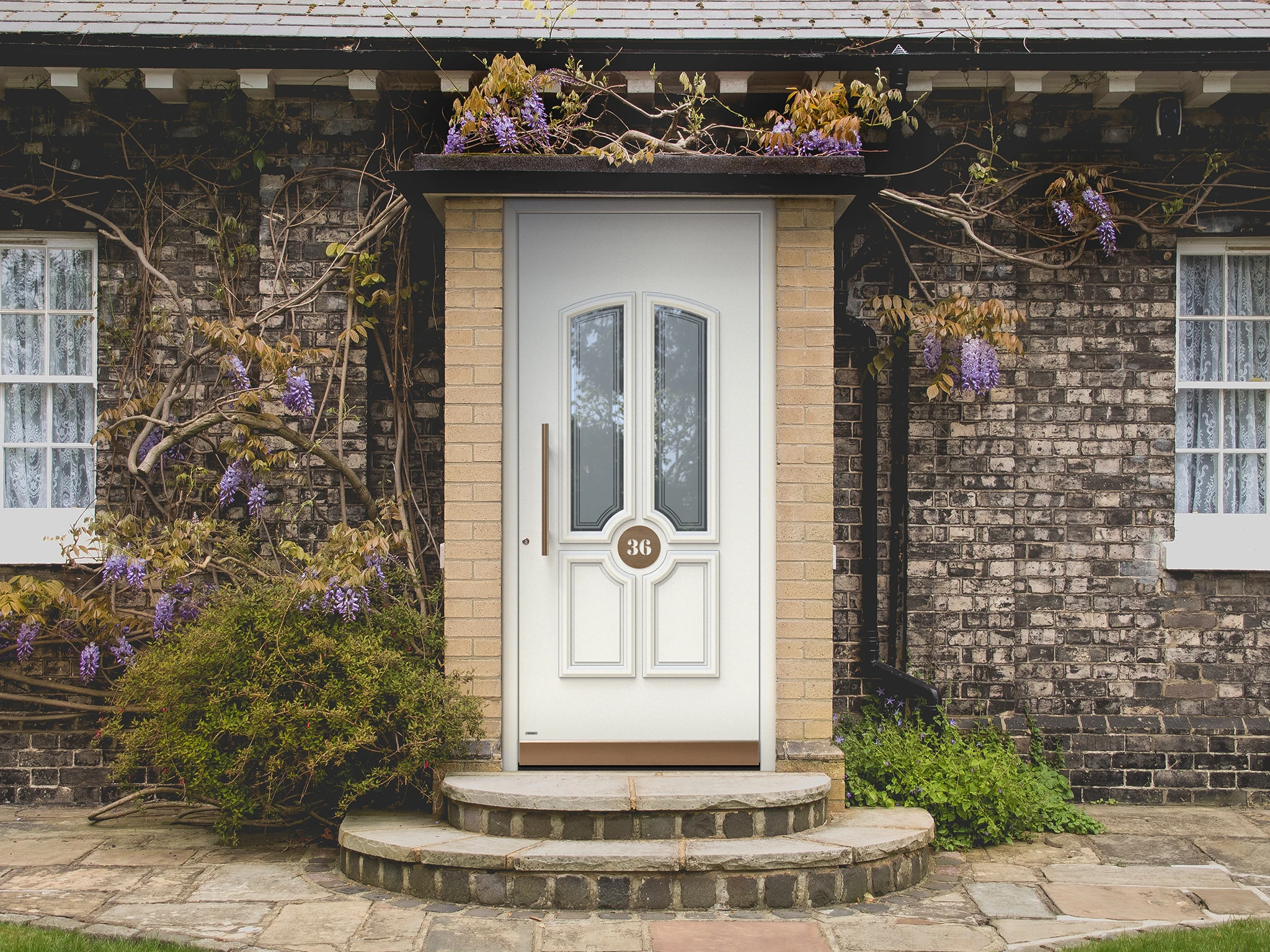 Premium aluminum entry door with smart lock system installed at a private residence