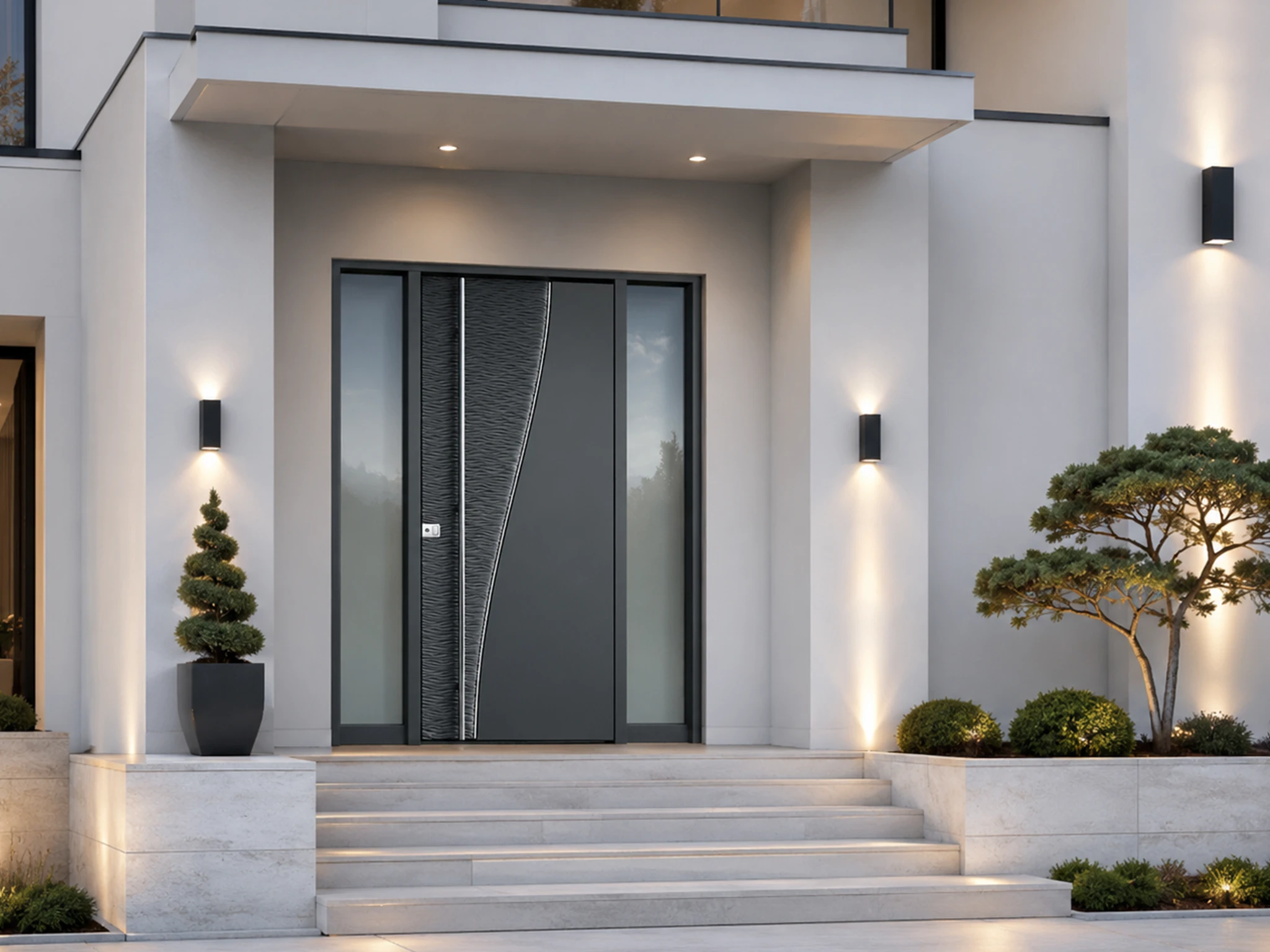 Custom entry door with stainless steel pull handle on a residential home — real project