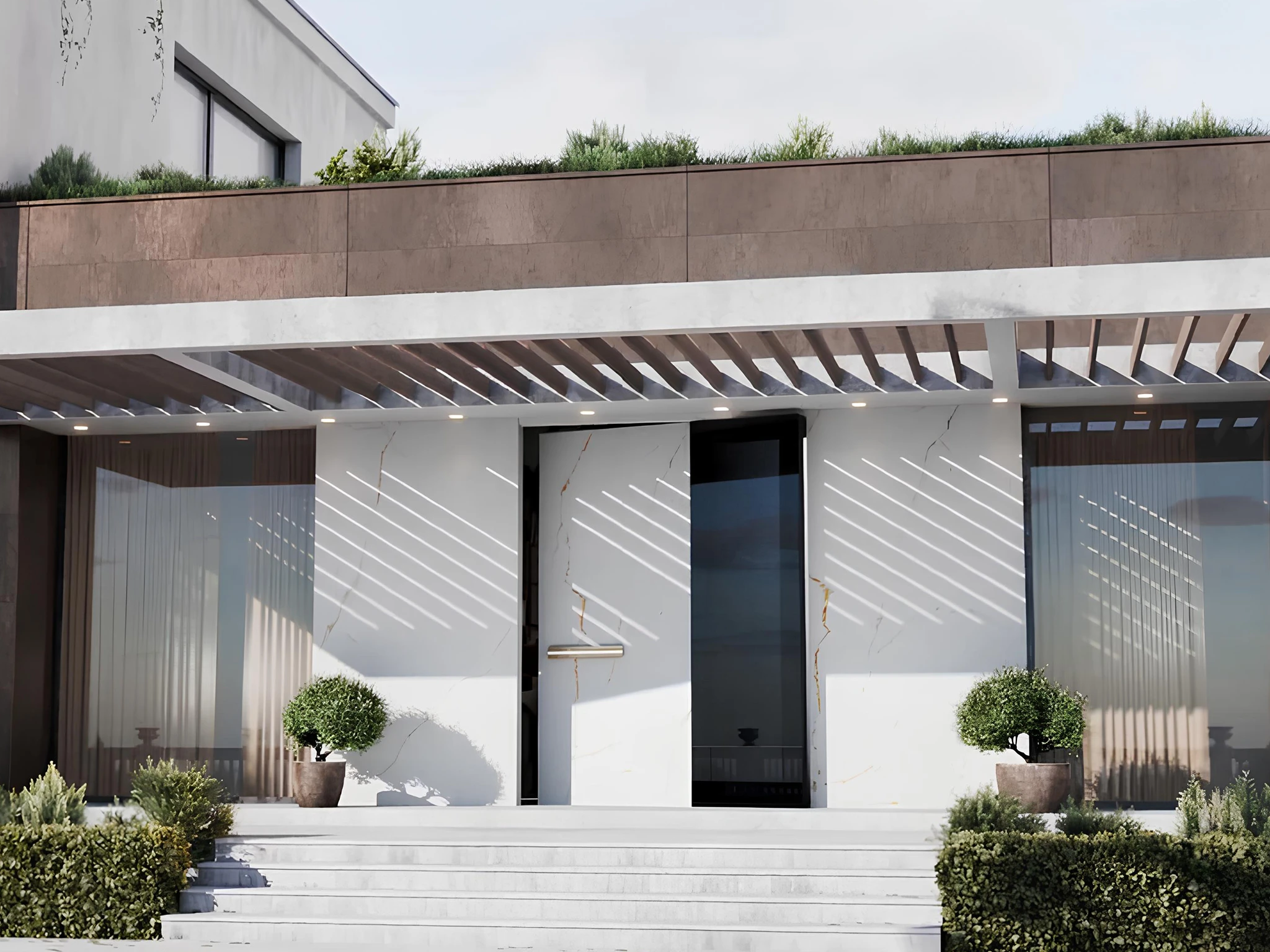Entry door with brushed stainless steel handle and magnetic seal — real installation