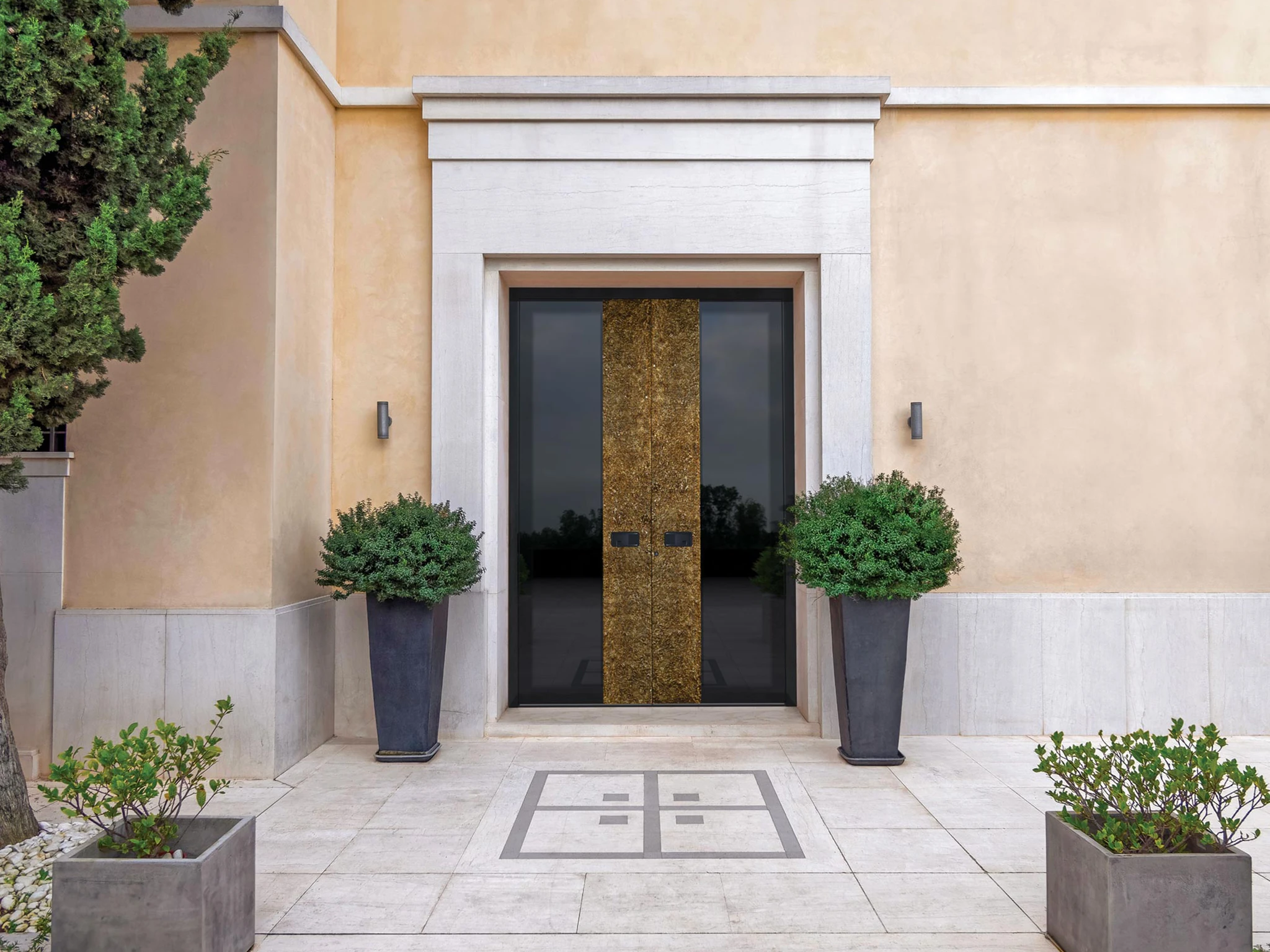 Custom aluminum entry door with keypad access on a residential home entrance