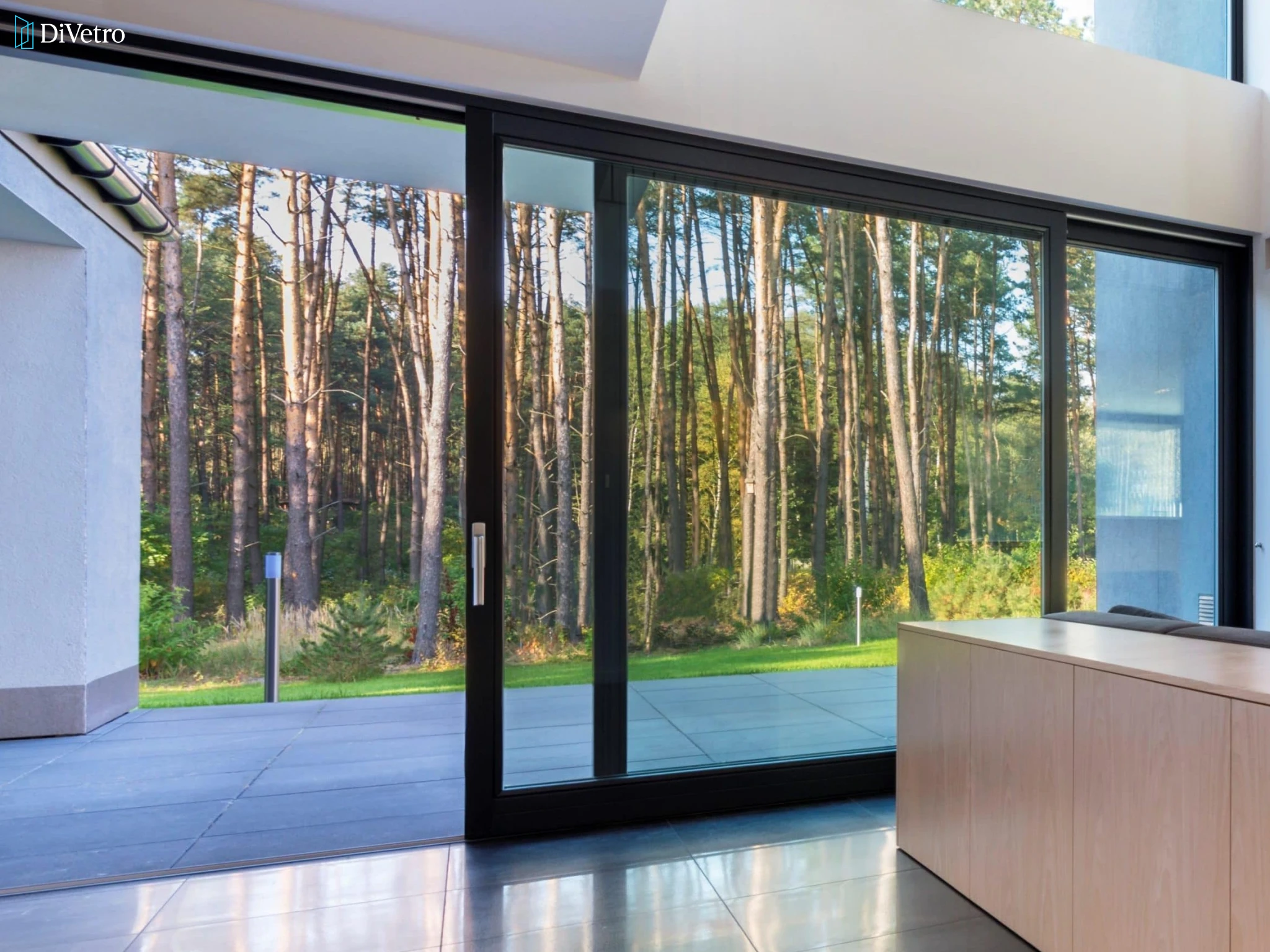 Aluminum sliding patio door with large glass panels on a modern home — real project DiVetro