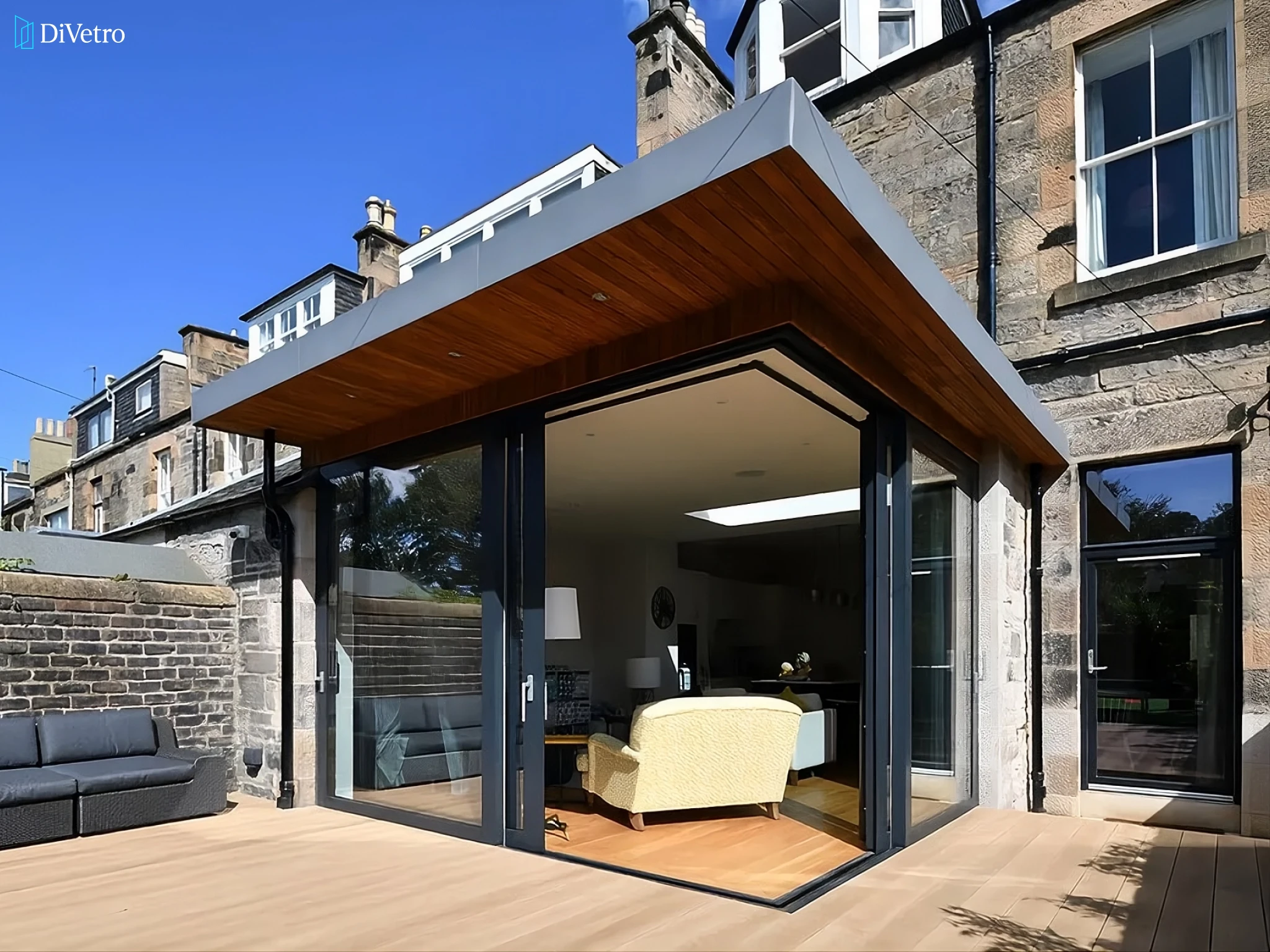 Sliding glass door with walnut wood-look decor finish — real project DiVetro