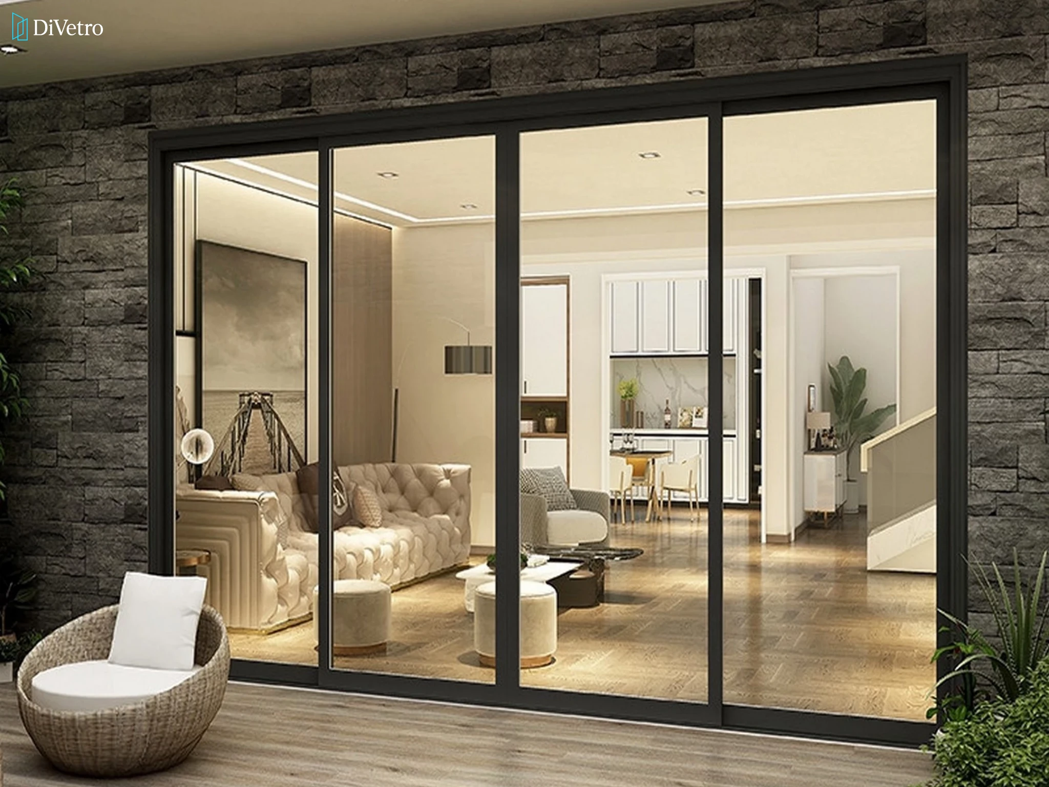 Custom sliding glass door with triple insulated glazing on a suburban home — DiVetro